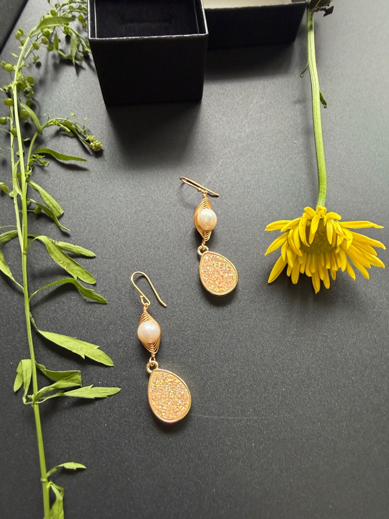 Gold-Tone Plated Pearl Drop Earrings With Peach Druzy Teardrop